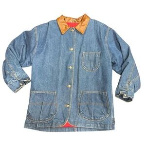 Men's vintage Oversized Denim‎ Jean Chore Jacket with leather trim collar SZ L